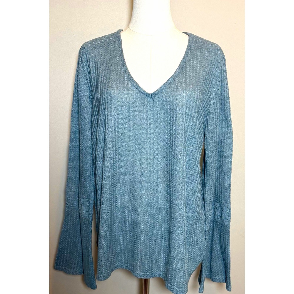 Lucky Brand Blue Embroidered V-Neck Knit Bell Sleeve Cotton Top Women XL Stretch